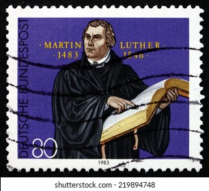 GERMANY - CIRCA 1983: a stamp printed in the Germany shows Martin Luther German Priest, who initiated the Protestant reformation, Engraving by G. Konig, circa 1983