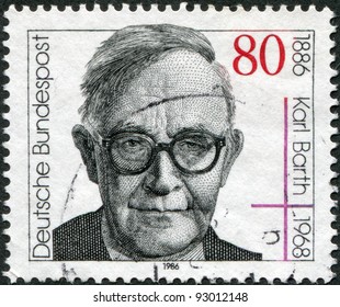 GERMANY - CIRCA 1986: A Stamp Printed In The Germany, Dedicated To The 100th Anniversary Of The Birth Karl Barth, Circa 1986