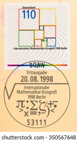 GERMANY - CIRCA 1998: A First Day Of Issue Postmark Printed In Bonn, Shows Multicolored Squares And Special Characters, International  Congress Of Mathematicians, Berlin, Circa 1998