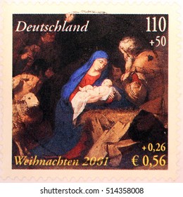 GERMANY - CIRCA 2001: A postage stamp printed in Germany, shows Adoration of the Shepherds by Jusepe de Ribera, circa 2001