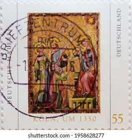 GERMANY - CIRCA 2005 : A Postage Stamp From Germany, Showing A Cologne Painting Around 1350 With The Three Wise Men Adoring The Baby Jesus 