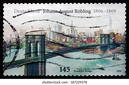 GERMANY - CIRCA 2006: A Stamp Printed In The Germany Shows John Augustus Roebling, German-born American Civil Engineer, Design Of The Brooklyn Bridge, Circa 2006