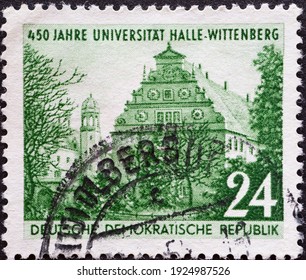 GERMANY, DDR - CIRCA 1952 : A Postage Stamp From Germany, GDR Showing The Augusteum In Wittenberg. 450 Years Of The University Of Halle-Wittenberg 