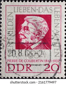 GERMANY, DDR - CIRCA 1963: A Postage Stamp From GERMANY, DDR, Showing A Portrait Of The Educator, Historian And Sports Official Pierre De Coubertins. Circa 1963