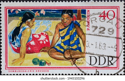 GERMANY, DDR - CIRCA 1967 : a postage stamp from Germany, GDR showing a portrait of two women from Tahiti by Paul Gauguin (1848–1903). State Art Collections, Dresden; New Masters Gallery 