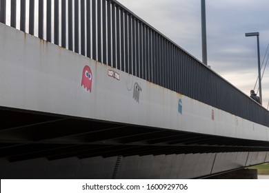 Düsseldorf, Germany - Dec 29th 2019: Pictures Of Pacman Ghosts Are All Over Düsseldorf. Street Artist 