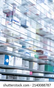 Germany Dortmund 27.3.22 A Pharmacy Storage Room ,Drugs Are Arranging And Stored On A Glass Shelf In A Pharmacy.taken Out With A Robot Hand.