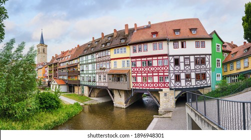 Germany, Erfurt - Panoramic View Of Krämerbrücke In Summer