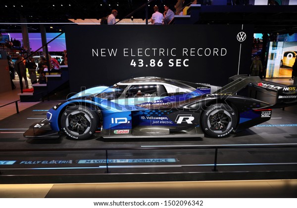 Germany, Frankfurt - 10.September\
2019: Audi Electric racing car ID. R, e-tron,  Audi electric record\
racing car , car side view - IAA Car Show Frankfurt\
2019