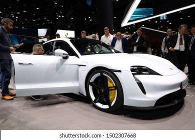 Germany, Frankfurt - 10.September 2019: Porsche Macan turbo s - electric Porsche, electric Super Sports Car - IAA Car Show Frankfurt 2019
