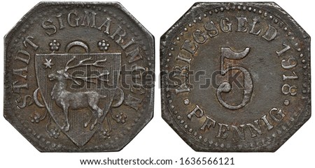 Germany German City of Sigmaringen iron token 5 five pfennig 1918, emergency WWI issue, shield with deer, denomination and date,