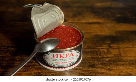 GERMANY - JAN 13, 2022: Open Tin With Original Russian Red Salmon Caviar On The Table