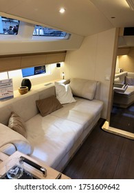 Düsseldorf, Germany - January 20 2019: Living Room Interiors Of A Jeanneau 64 Sailing Yacht On The Boot Düsseldorf Boat Show 