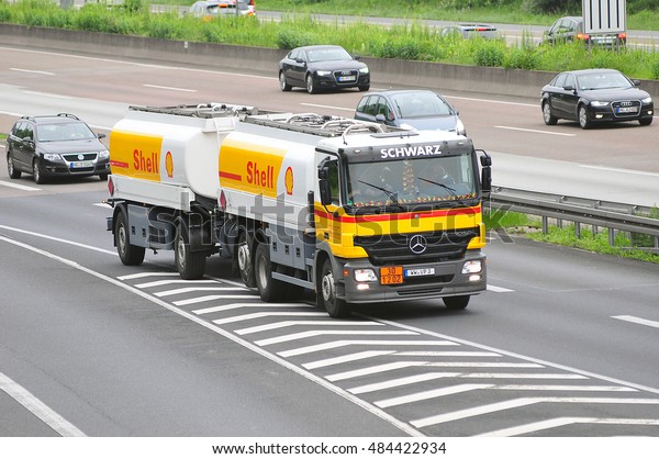 GERMANY -\
JUNE 02Shell Oil Truck on the highway on June 02,2016 in\
Germany.Royal Dutch Shell plc, commonly known as Shell, is an\
Anglo-Dutch multinational oil and gas\
company.
