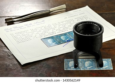 GERMANY - JUNE 16, 2019: Stripe Of 3 Kingdom Of Sicily 2 Grana Stamps From 1859 With Giorgio Colla Certificate. 