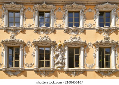 Würzburg, Germany - June 2022: Facade Of Public Library With Stucco Decoration In Rococo Architecture Style In Building Called 'Haus Zum Falken'