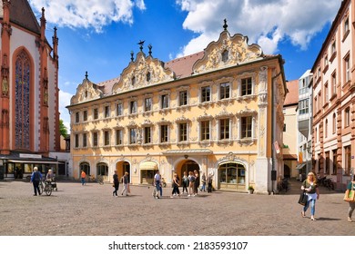 Würzburg, Germany - June 2022: Public Library Building Called 'Haus Zum Falken' With Stucco Decoration In Rococo Architecture Style