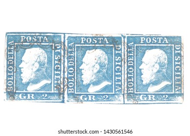 GERMANY - JUNE 9, 2019: Stripe Of 3 Kingdom Of Sicily 2 Grana Stamps From 1859 Isolated On White Background. 