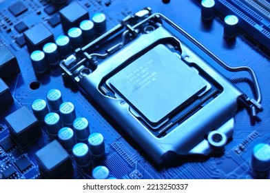 GERMANY - MAR 14, 2018: Intel I7-860 Processor On Hardware Motherboard PC Technic Background