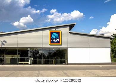 Nürnberg, GERMANY MAY 21, 2018: Commercial sign of ALDI Store. The German-based discount supermarket chain currently operates over 10,000 stores.