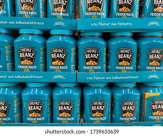 Tönisvorst, Germany - May 22. 2020: Close Up Of Isolated Heinz Baked Beans Packs Stacked In A Shelf