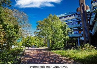 Düsseldorf, Germany - October 9. 2022: German University Campus With Green Trees, Modern Buildings