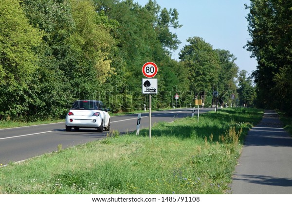 Germany\
road sign speed and warning collision with\
trees