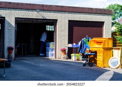 Dörpstedt, Germany - September 05, 2021: A Garage Sale (also Known As A Yard Sale, Tag Sale, Moving Sale And By Many Other Names)