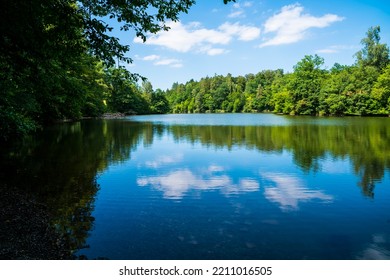 Germany, Stuttgart City Park Baerensee Lake Water Reflecting Green Trees And Nature Landscape With Blue Sky In Summer, Perfect Hiking Urban Park