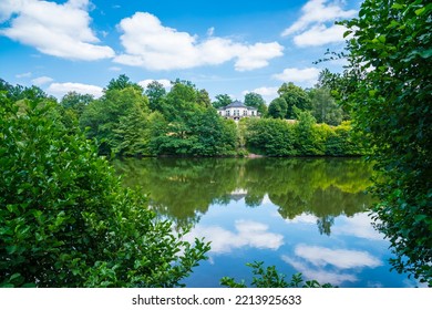 Germany, Stuttgart City Park Baerensee House Lake Water Reflecting Green Trees And Nature Landscape With Blue Sky In Summer, Perfect Hiking Urban Park