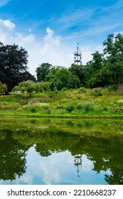 Germany, Stuttgart Urban City Park Killesberg Tower Reflecting In Water In Beautiful Nature Scenery, A Tourism Spot Of The Metropolis