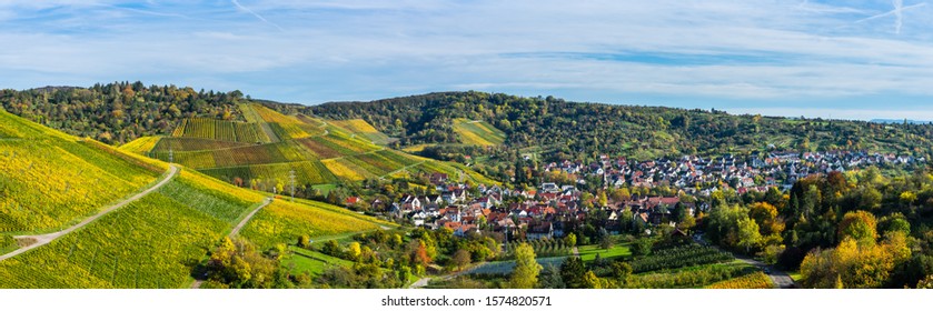 Germany, XXL Panorama Of Stuttgart District Uhlbach Houses, A Village Surrounded By Colorful Vineyards And Forested Hills In Autumn Season