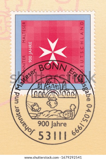 GERMANY-CIRCA 1999:A stamp printed in Germany, shows Malteser order, 900th anniversary of Orders of Knights of St. John of Jerusalem. Postmark Bonn, circa 1999