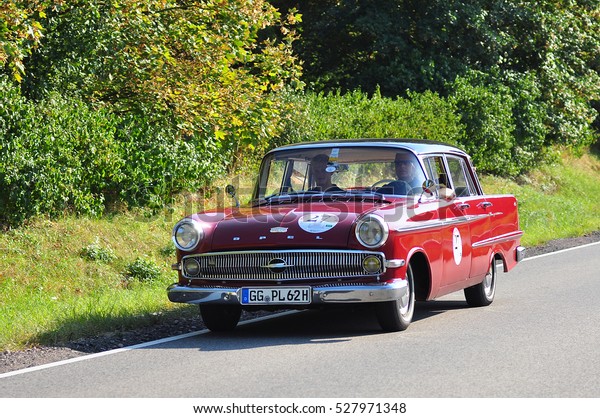 GERMANY-SEPT 10:Retro car on the\
route in the RHEINHESSEN 200 RALLY on September 10,2016 in\
Germany.