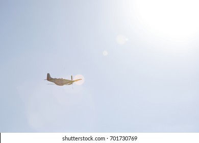 Germiston South Africa, August 20 2017, At The Rand Airshow. Mustang Sally In Flight With Some Lens Flare.