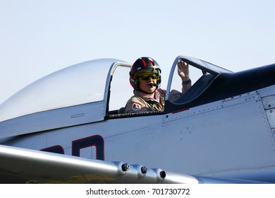 Germiston South Africa, August 20 2017, At The Rand Airshow. Mustang Sally Pilot Waving (close Up Shot). 