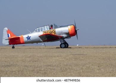 GERMISTON, SOUTH AFRICA-AUGUST 21 2016: A Harvard In SAAF Training Colours Taxis Out At The Rand Airshow At Rand Airport.