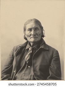 Geronimo (Guiyatle), Apache by Adolph F Muhr and Frank A Rinehart. Vintage black and white photography of a man.