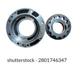 Gerotor internal gear set inside its circular flange housing for automotive or industrial oil pump isolated on black background.
