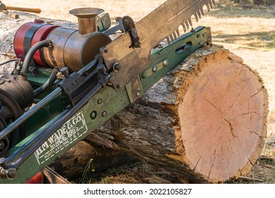 Gervais, Oregon - July 24, 2021: Vintage Automated Mechanical Loggers Gas Powered Chain Saw.