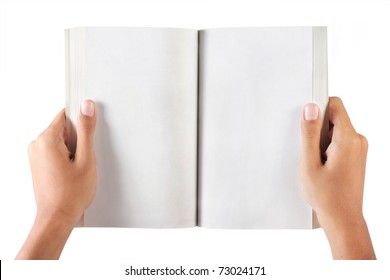 Gesture Of Hand Holding A Book. Isolated Over White Background