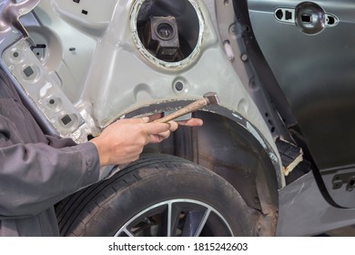 Gesture, Movement Of Job, Handiwork. Man Working With Industrial Tools For Auto Body Shop.