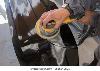 Gesture, Movement Of Job, Handiwork. Man Working With Industrial Tools For Auto Body Shop.