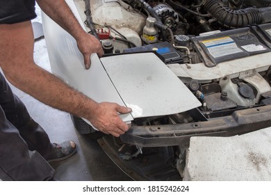 Gesture, Movement Of Job, Handiwork. Man Working With Industrial Tools For Auto Body Shop.