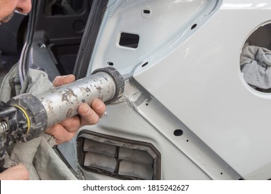 Gesture, Movement Of Job, Handiwork. Man Working With Industrial Tools For Auto Body Shop.