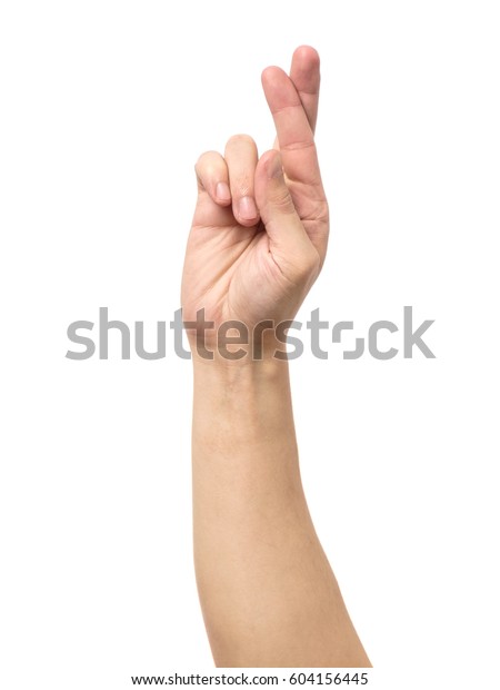幸運の象徴の指のジェスチャー 交差した指 白い背景に人の手 の写真素材 今すぐ編集