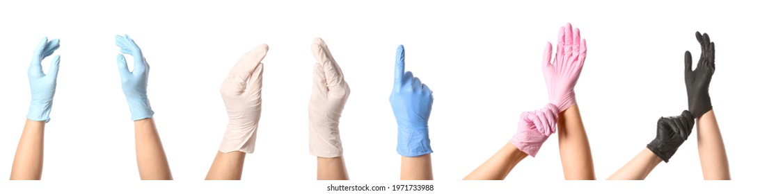 Gesturing hands in protective medical gloves on white background - Powered by Shutterstock