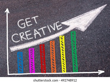 GET CREATIVE Written With Chalk On Tarmac Over Colorful Graph And Rising Arrow, Business Marketing And Creativity Concept