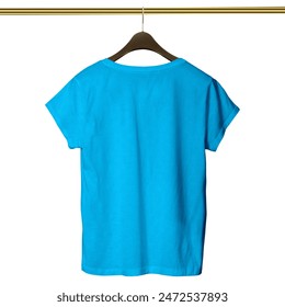 Get fashionable photos and never lost your beloved customer, with this Back View Pretty Girl T Shirt Mockup In Peacock Blue Color With Hanger.
 Foto Stock