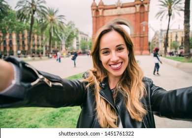 Get Ready To Exciting Weekend At Barcelona. Smiling Woman Tourist Taking Selfie On Street